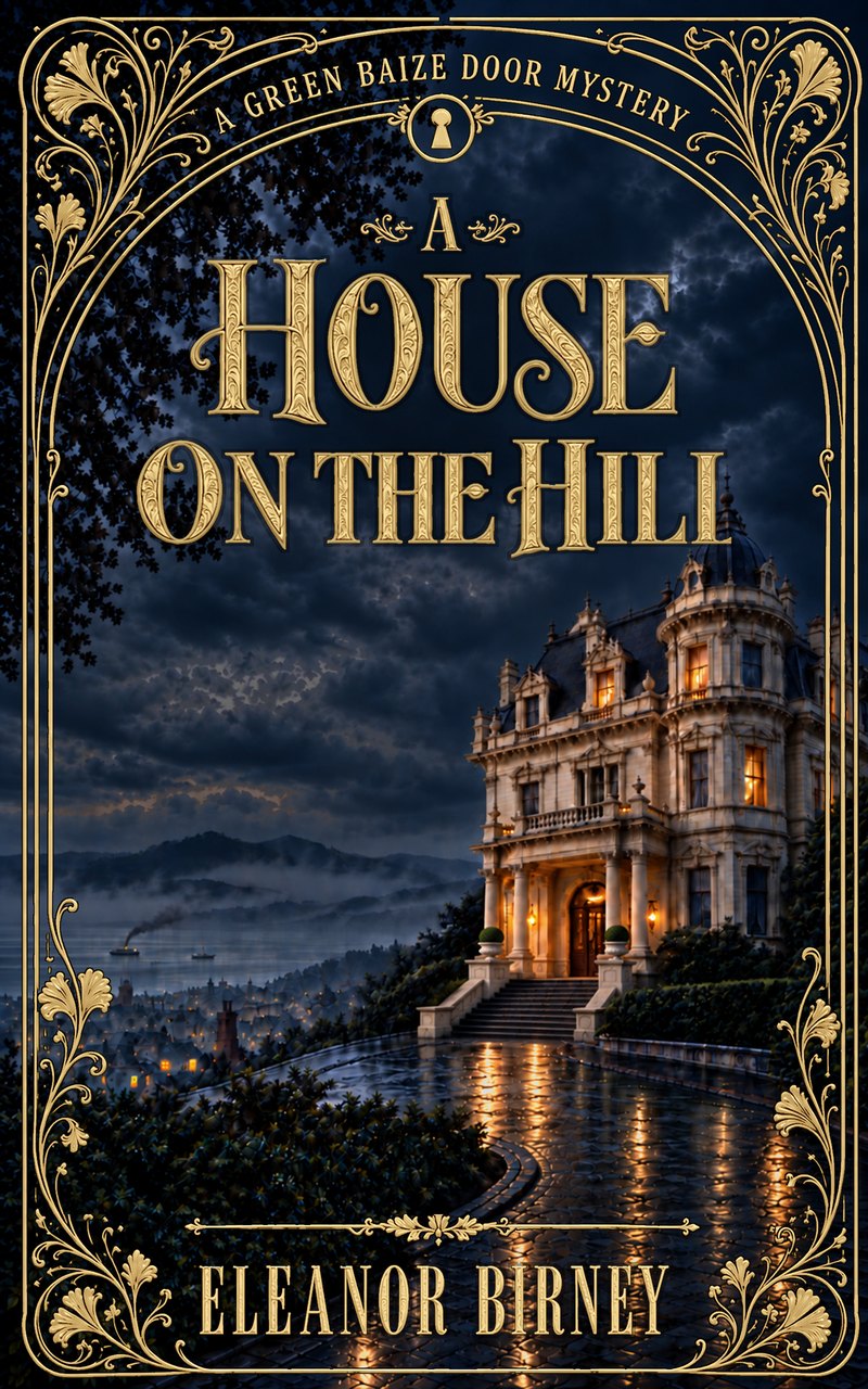 Book cover of A House on the Hill by Eleanor Birney: a stone mansion lit at dusk above a fogged bay.